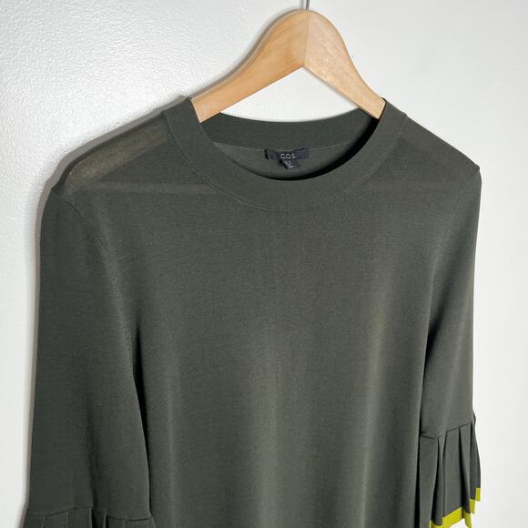 Cos Knitted Sweater Top Womens Medium Olive Green Pleated Sleeves Minimalist - Picture 6 of 11